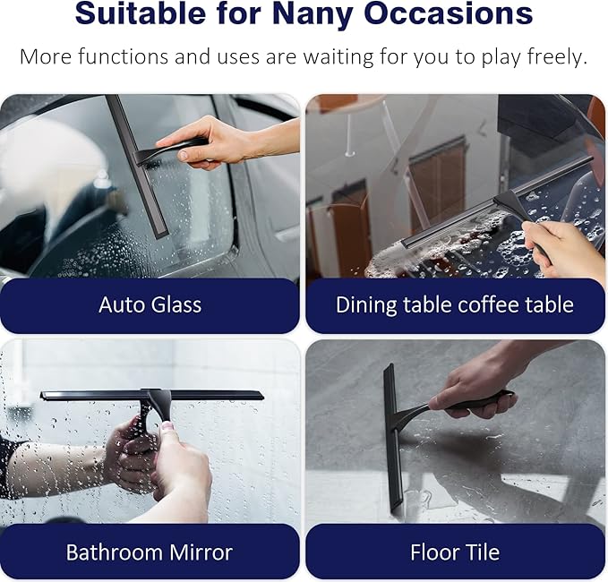 12'' Shower Squeegee, TOOVEM Squeegee for Shower Glass Door for Glass Doors, Windows, Bathroom, Car Windshield, Black