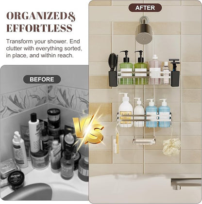 Shower Caddy Hanging for Bathroom Organizers and Storage, Adjustable Anti-Swing Shower Organizer for Wall-Mounted Showerhead with Heavy-Duty Suction Cups, Damage-Free Rustproof (Chrome)