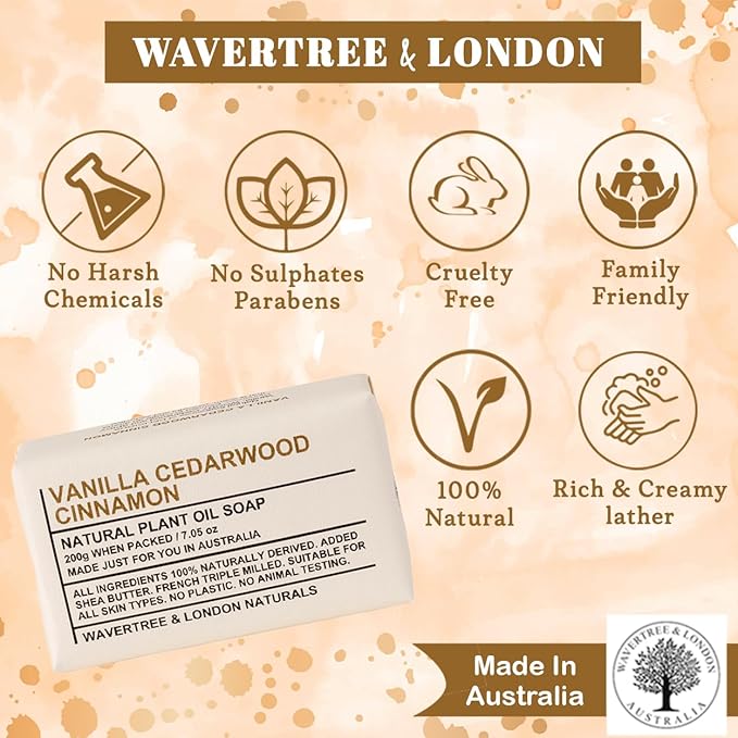 Wavertree & London Vanilla, Cedarwood & Cinnamon Scented Natural Soap (8 Bars), 7oz Moisturizing French Triple Milled Soap Bars enriched with shea butter, Plant Oil Bath & Body Bars for All Skin Types
