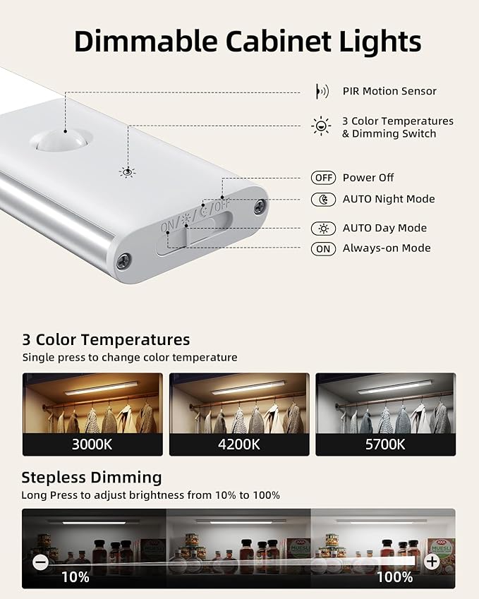 EZVALO Under Cabinet Lighting, 2200mAh Rechargeable Battery, 76 LEDs Dimmable Closet Lights, 3 Color Temps, Motion Sensor Light Indoor for Kitchen, Wardrobe