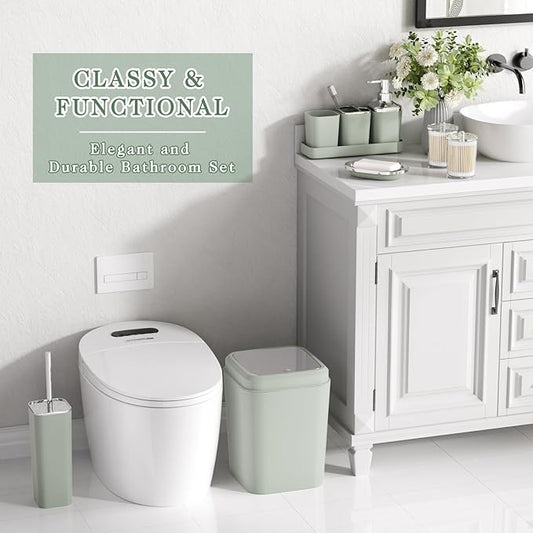 Bathroom Set, Sage Green Bathroom Accessories Set with Press-on Lid Bathroom Trash Can, Soap Dispenser, 10PC Bathroom Accessory Set for Home