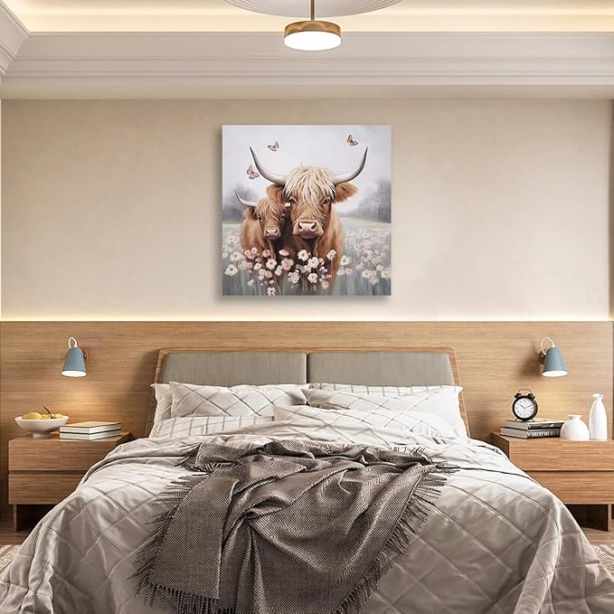 Anolyfi Bathroom Highland Cow Canvas Wall Art Rustic Flower Farmhouse Picture Animal Landscape Painting Abstract Textured Artwork Framed for Bedroom Living Room Kitchen Office Home Decor 20"x20"