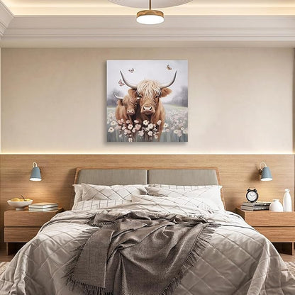 Anolyfi Bathroom Highland Cow Canvas Wall Art Rustic Flower Farmhouse Picture Animal Landscape Painting Abstract Textured Artwork Framed for Bedroom Living Room Kitchen Office Home Decor 20"x20"