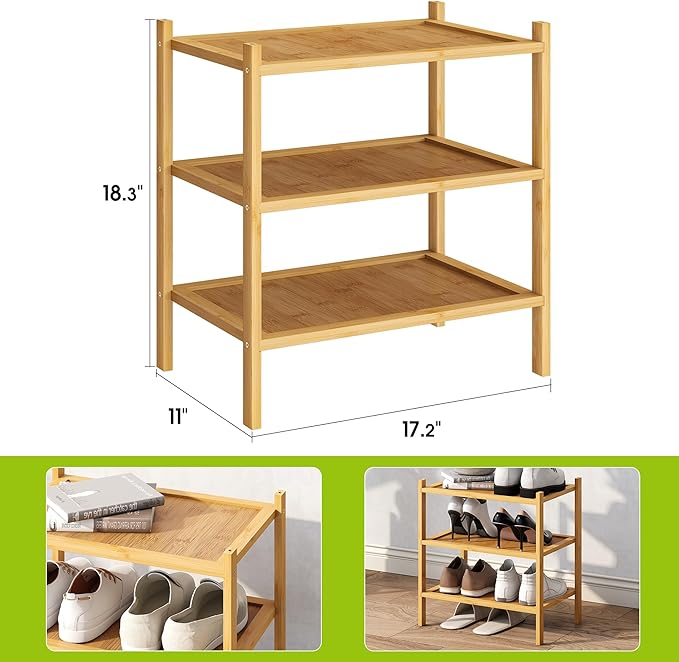 BMOSU 3-Tier Bamboo Small Shoe Rack Premium Stackable Shoe Shelf Storage Organizer for Hallway Closet Living Room Entryway Organizer(Natural)
