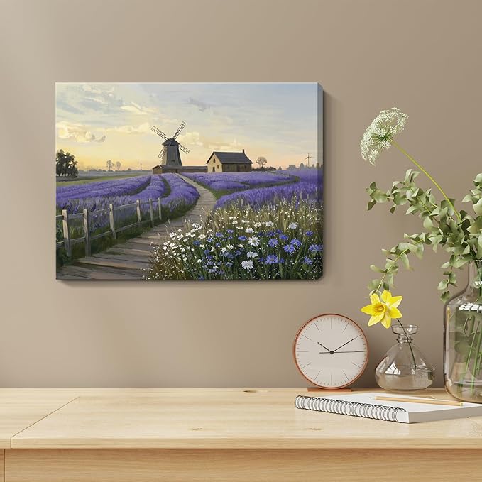 amatop Purple Canvas Wall Art for Bathroom Bedroom Farmhouse Lavender Floral Art Print Countryside Landscape Picture Daisy Flowers Small Nature Scenic Rustic Artwork Entryway Hallway 16x12 In
