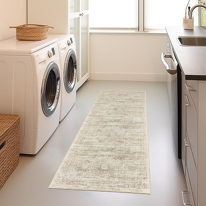 Kitchen Runner Rugs Non Skid Washable - 2.5 x 10 Runner Rug with Anti Slip Backing, Ultra-Thin Soft Rug Runner for Hallway, Bedroom, Living Room (2.5'x10', Beige/Ivory)