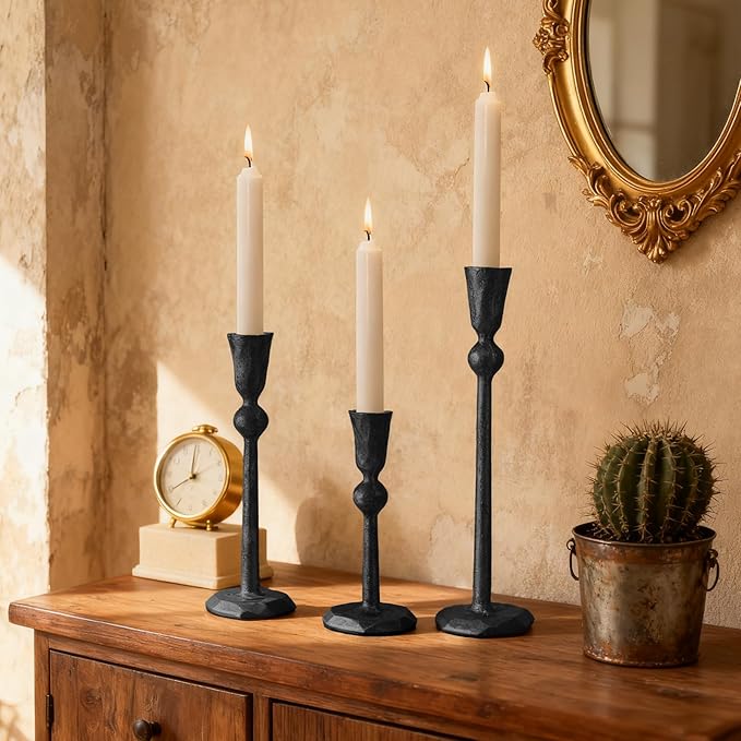 Set of 3 Antique Black Taper Candle Holders Cast Iron Candlestick Holder for Table Centerpieces Wedding Holiday Decor Vintage Decorative Candelabra Style Candle Stick Stand