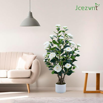 2 Pack Artificial Camellia Tree with White Pot, 38" Faux Potted Plants for Indoor Outdoor Decor, Tall Silk Greenery Plant for Home Office Living Room Balcony, White