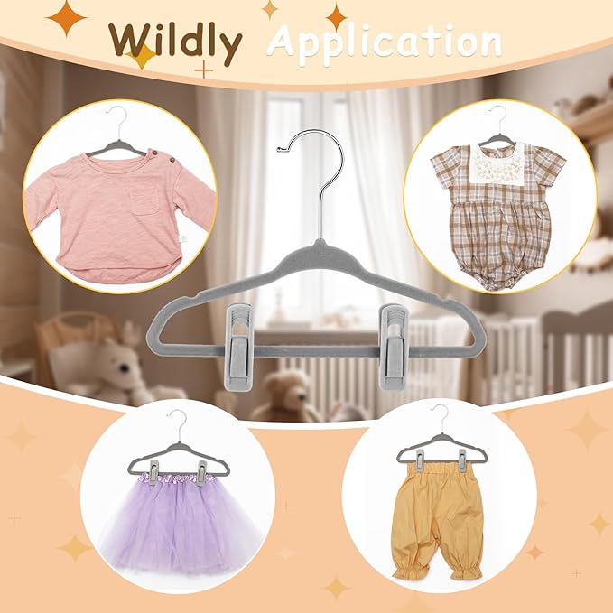 Soaoo 50 Pcs Baby Velvet Non-Slip Hangers with Clips,100 Clips for Pants & Skirts, Space-Saving Kids Children Clothes Hangers for Nursery Closet Organization(Grey)