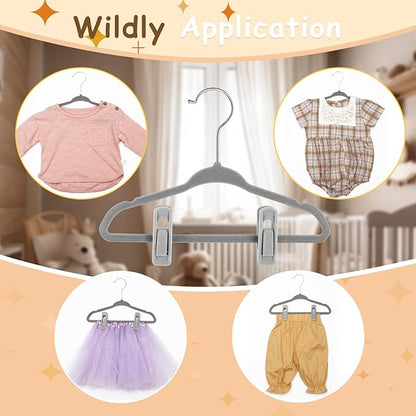 Soaoo 50 Pcs Baby Velvet Non-Slip Hangers with Clips,100 Clips for Pants & Skirts, Space-Saving Kids Children Clothes Hangers for Nursery Closet Organization(Grey)
