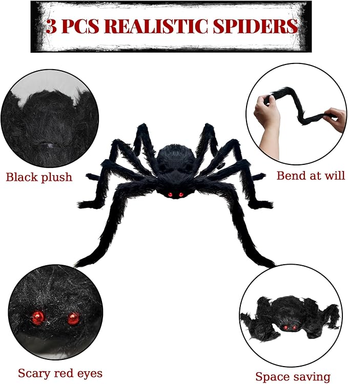 ZMCINER Large Halloween Spiders for Outside, Big Spider Halloween Decorations Realistic Scary Hairy Spiders Halloween Decorations Outdoor (59", 49", 35")