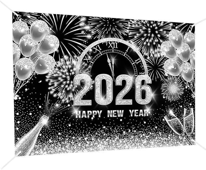 MEHOFOND 8x6ft Black and Silver 2026 Happy New Year Backdrop Hello 2026 New Year Eve Party Photography Background Champagne Balloon Fireworks Glitter Dots Cheers to 2026 Decor Banner Photo Booth Props