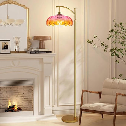 Floor Lamp for Living Room,Bedroom,Gold Dimmable Standing Lamp with Remote,Mid Century Modern Brass Tall Lamp Retro Vintage Glass Lamp Floor Light Boho Bohemian