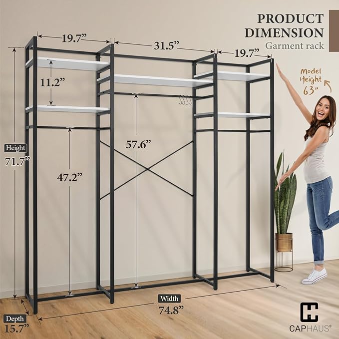 CAPHAUS 913lbs Capacity Heavy Duty Clothing Rack, 75" W Metal Garment Rack with Drawers Hanging Rods and Wood Shelves, Freestanding Closet Organizer, White Board