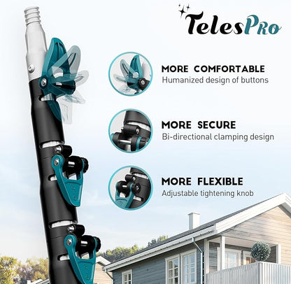 30 Feet High Reach Window Squeegee with 6-24 Ft Extension Pole, Window Cleaner Tool with 5-Stage Telescoping Pole, Window Cleaning Kit with Rotatable Head (2 Squeegee & 2 Microfibre Cloths)