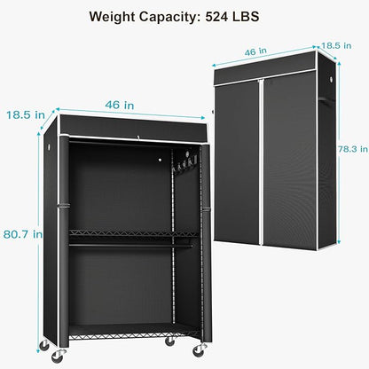 Black Clothing Rack with Black Cover, P1C Plus Rolling Closet with Wheels, Metal Garment Rack for Hanging Clothes, Clothing Storage Wardrobe, 46" W x 18.5" D x 80.7" H, Load 524 Pounds