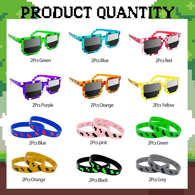 24Pack Pixel Theme Party Favors, 12 Sunglasses and 12 Bracelets for Kids Adults Birthday Party Decorations Supplies