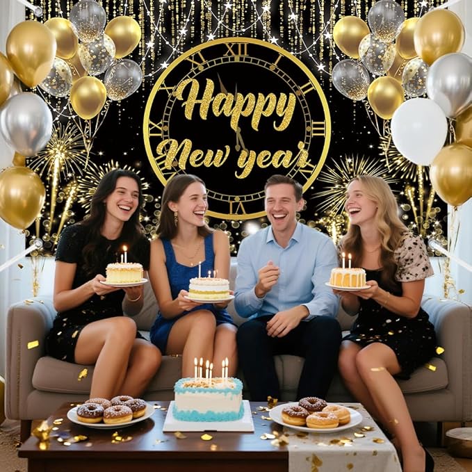 MEHOFOND Happy New Year Backdrop 2026, Black and Gold Fireworks New Years Eve Photography Background for NYE Decorations 2026 New Years Eve Party Supplies NYE Party Favor 6x3.6ft