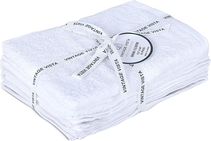Vintage Vista 100% Cotton Dish Cloths (Pack of 6) - Dish Rags for Washing Dishes - Reusable & Highly Absorbent Kitchen Towels - Kitchen Rags for Christmas - (12" x 16" - White)