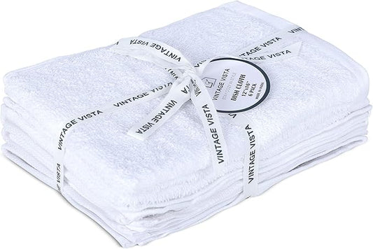 Vintage Vista 100% Cotton Dish Cloths (Pack of 6) - Dish Rags for Washing Dishes - Reusable & Highly Absorbent Kitchen Towels - Kitchen Rags for Christmas - (12" x 16" - White)