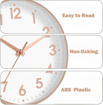 Mosewa Wall Clock 10 Inch, Battery Operated Silent Non-Ticking Modern Analog Clock Decorative for Kitchen, Bedroom, Office(Rose Gold)
