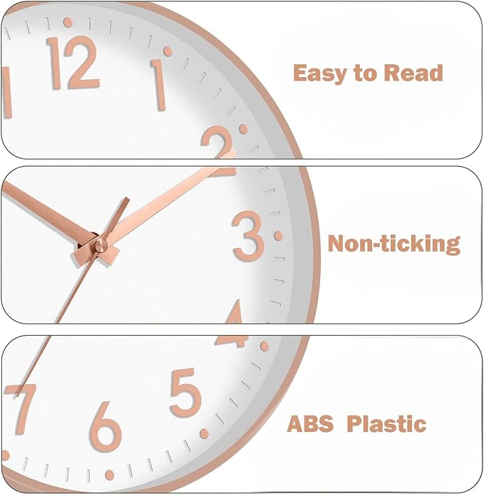 Mosewa Wall Clock 8 Inch, Battery Operated Silent Non-Ticking Modern Analog Clock Decorative for Kitchen, Bedroom, Office(Rose Gold)