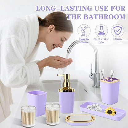 Purple Bathroom Accessories Set, Purple and Gold Bathroom Accessories with Trash Can, Soap Dispenser, Soap Dish, Toothbrush Holder and Q-tip Holders