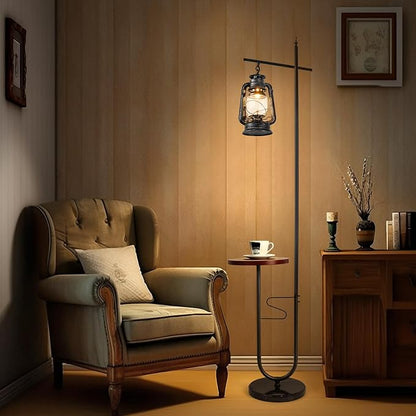 Vintage Floor Lamp with Table,Classical Lantern Standing Rustic Farmhouse Nightstand Hanging Arc Floor Lamp with Black Silver Finish,for Living Room,Bedroom,Reading Room(Silver)