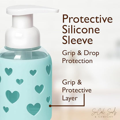 SoCal Suds & Company Glass Foaming Hand Soap Dispenser, Heart Silicone Sleeve, Refillable Pump Bottle for Kids, Baby Wash & Shampoo, Ideal for Home Use, Sea Glass 8oz