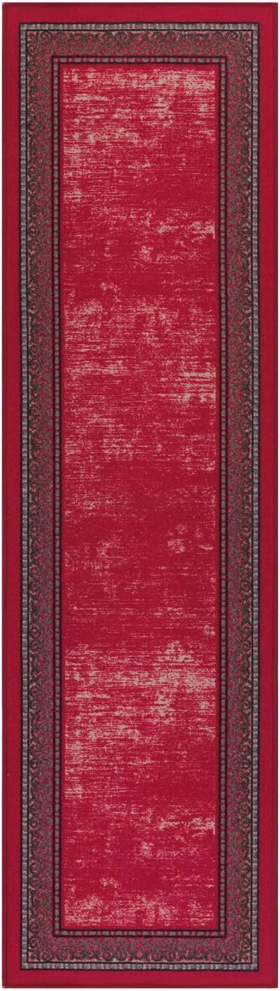 Antep Rugs Alfombras Bordered Modern 2x5 Non-Slip (Non-Skid) Low Pile Rubber Backing Kitchen Area Runner Rug (Red, 2' x 5')