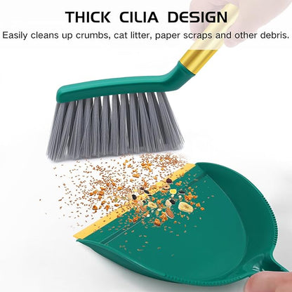 NACENA Mini Broom and Dustpan Set, Small Dust Pan and Brush Set with Handle Dustpan Teeth for Cleaning Hair Suitable for Office Desks Drawers Sofas Pet Care Outdoor Camping, Green