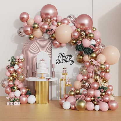 Rose Gold Balloon Garland Kit, 142Pcs Nude Pastel Pink Gold and Rose Gold Confetti Balloon Arch Kit with Electric Pump for Wedding Bridal Shower Princess Party Girl Birthday Baby Shower Decorations