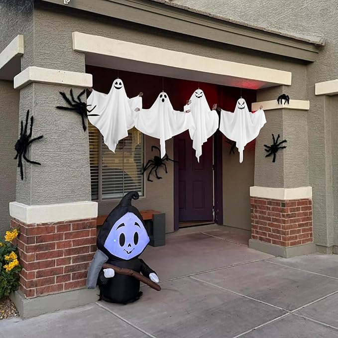4PCS Hanging Ghosts Halloween Decorations with Skeleton Hands, Spooky Expression for Front Porch and Tree