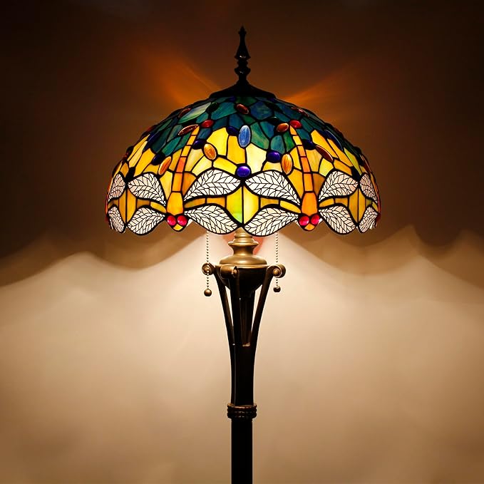 Tiffany Floor Lamp Blue Yellow Stained Glass Dragonfly Standing Reading Light 16X16X70 Inches Antique Pole Corner Lamp Decor Bedroom Office Living Room