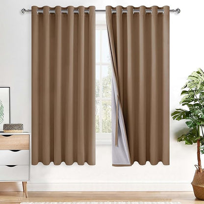 XWZO 100% Blackout Curtains 63 Inches Long - Privacy Protection & Noise Blocking Window Draperies Extra Wide Grommet Top with Black Liner for Bedroom/Living Room, Cappuccino, W70 x L63, Set of 2