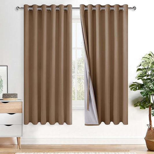 XWZO 100% Blackout Curtains 63 Inches Long - Privacy Protection & Noise Blocking Window Draperies Extra Wide Grommet Top with Black Liner for Bedroom/Living Room, Cappuccino, W70 x L63, Set of 2