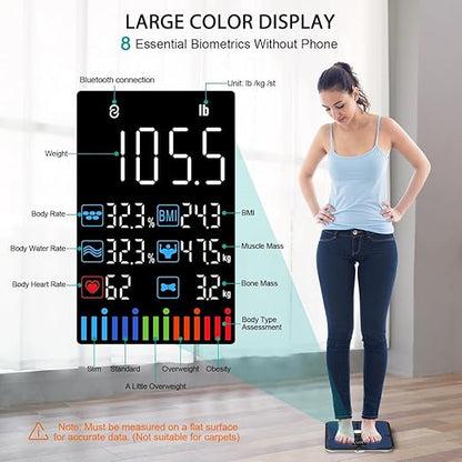 ABLEGRID Body Fat Scale,Digital Smart Bathroom Scale for Body Weight, Large Color Display Screen, 16 Body Composition Metrics BMI, Water Weigh, Heart Rate, Baby Mode, 400lb, Rechargeable
