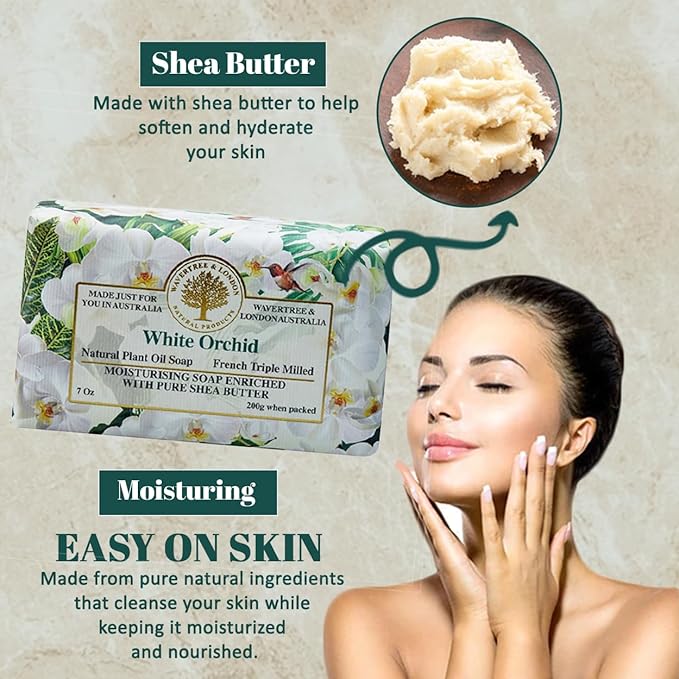 Wavertree & London White Orchid Scented Natural Soap (8 Bars), 7oz Moisturizing French Triple Milled Soap Bars enriched with shea butter - Pure Plant Oil Bath & Body Bars for All Skin Types