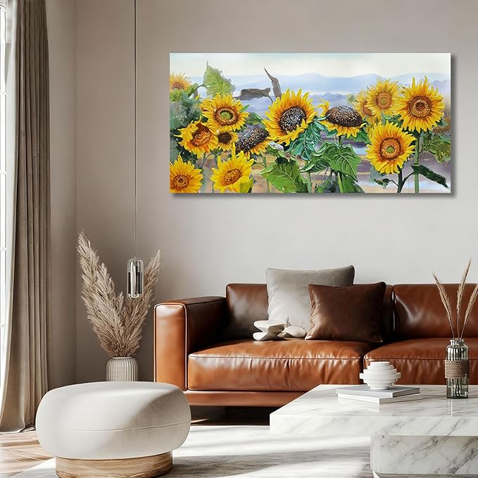 Ardemy Sunflower Canvas Wall Art Yellow Large Floral Pictures Wall Decor Flowers Rustic Paintings Artwork for Living Room Bedroom Dinnng Room Office Home, 48"x24"
