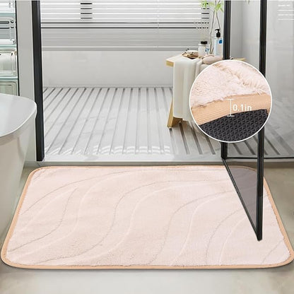 Bath Mats 24x17 Non-Slip Absorbent Bathroom Rug, Quick Dry Machine Washable Shower Tub Mat with Rubber Backing, Soft Floor Carpet for Bathroom Decor Wave White