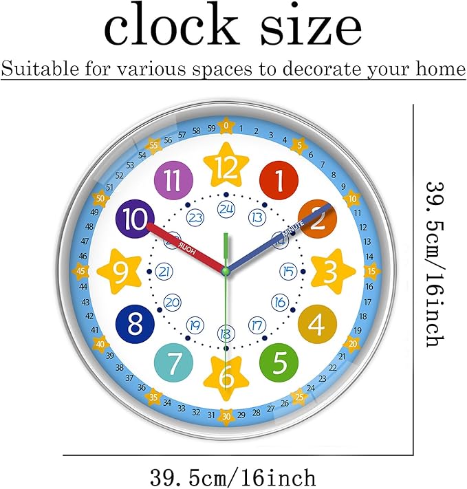 XFM Large Kids Wall Clock 16 Inch Silent Non Ticking Quartz Battery Operated Decorative Time Teaching Clock for Children Bedroom Nursery Room Classroom