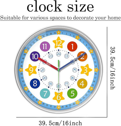 XFM Large Kids Wall Clock 16 Inch Silent Non Ticking Quartz Battery Operated Decorative Time Teaching Clock for Children Bedroom Nursery Room Classroom