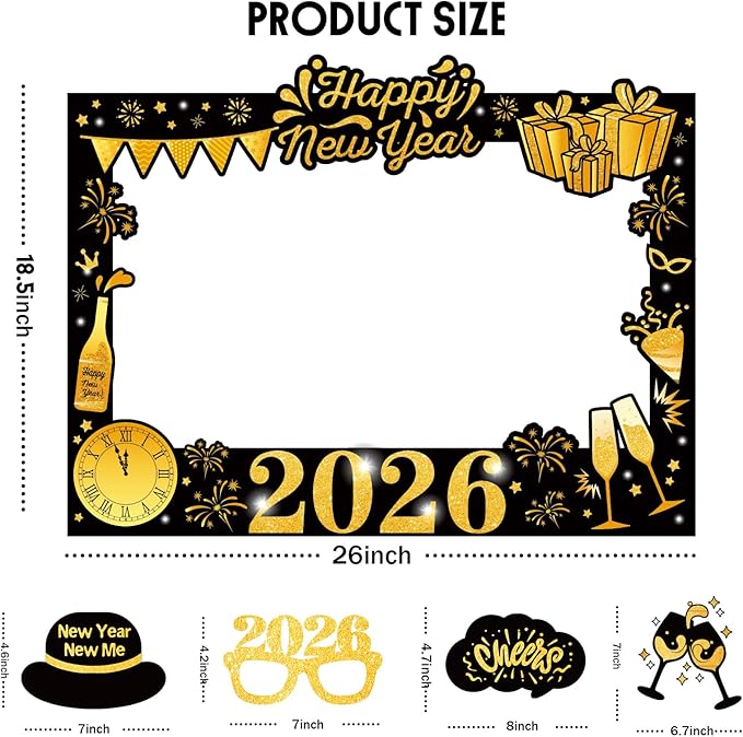 New Years Eve Party Supplies 2026 - NYE Photo Booth Props Kit with Glitter Photo Frame, 2026 Glasses & Mustache (Pack of 19)