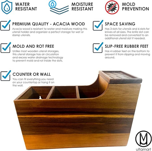 Kitchen Utensil Holder & Organizer with 6-Knife Storage Block - Wood - Countertop or Wall Mountable - Moisture & Water Resistant - Non-Slip Pads