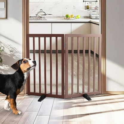 Dog Gate Indoor, Freestanding Dog Fence for The House, Doorways, Hallways,or Stairs,Pet Gate Foldable Wooden,Expandable 32" Height 2 Panels,Brown