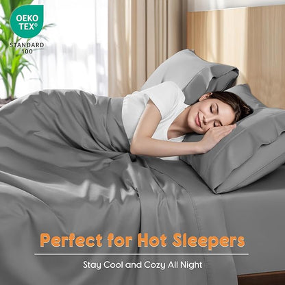 LBRO2M 100% Cotton Sheets Set Queen Size 600 Thread Count 4 Piece Sets Bed Sheet Deep Pocket Up to 16" Soft Comfortable All Season (Queen, Gray)