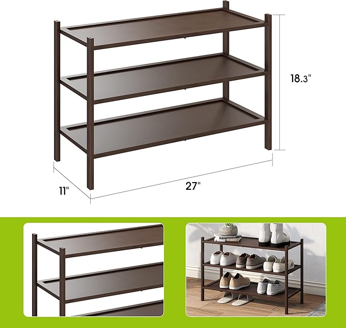 BMOSU 3-Tier Bamboo Shoe Rack Premium Stackable Shoe Shelf Storage Organizer for Hallway Closet Living Room Entryway Organizer(Brown)