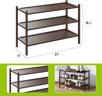 BMOSU 3-Tier Bamboo Shoe Rack Premium Stackable Shoe Shelf Storage Organizer for Hallway Closet Living Room Entryway Organizer(Brown)