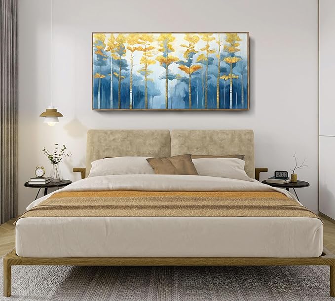 ARTZON Oversized Framed Wall Art Large Modern Abstract Blue Yellow Birch Tree Canvas Print Decorative Forest Picture Horizontal Landscape Artwork for Living Room Office Bedroom Over Bed Decor 58"x29"