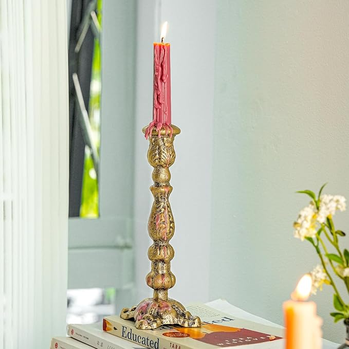 Sungmor Vintage Gold Cast Iron Candle Holder – 8.7" Tall Decorative Rustic Taper Candle Stand – Heavy Antique-Style Candlestick for Table Centerpiece, Fireplace Mantel, or Farmhouse Home Décor